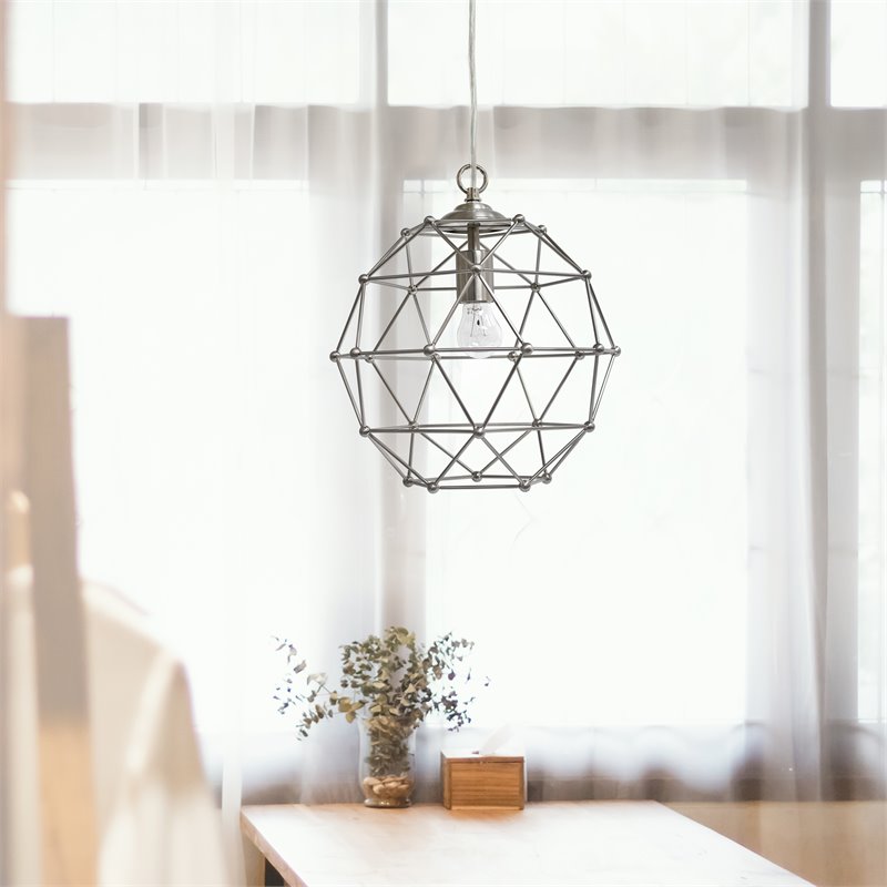 Elegant Designs Metal 1 Light Rustic Hexagon Pendant in Brushed Nickel