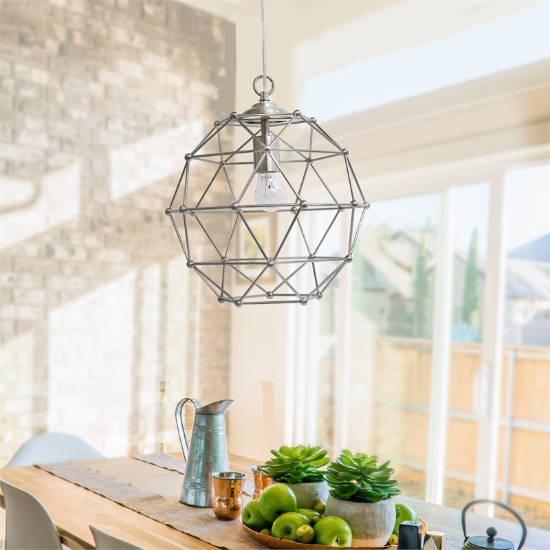 Elegant Designs Metal 1 Light Rustic Hexagon Pendant in Brushed Nickel
