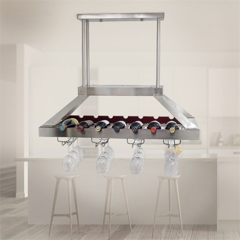 Elegant Designs Metal Overhead Wine Rack with 2 Light LEDs in Brushed Nickel