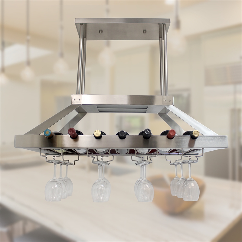 Elegant Designs Metal Overhead Wine Rack with 2 Light LEDs in Brushed Nickel