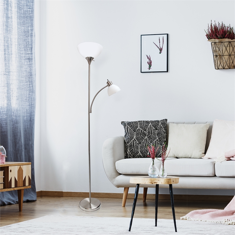 Simple Designs Metal Floor Lamp w/ Reading Light in Brushed Nickel