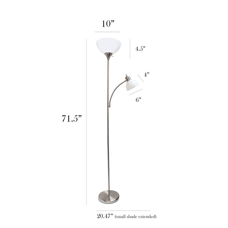 Simple Designs Metal Floor Lamp w/ Reading Light in Brushed Nickel