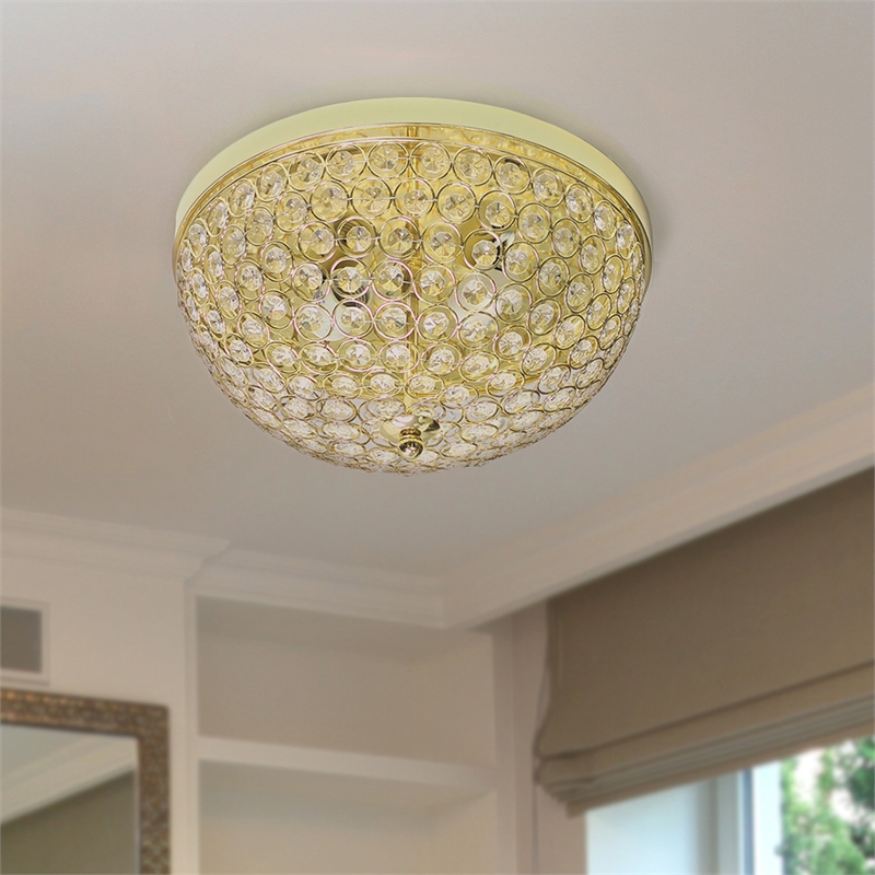 Elegant Designs Crystal 2 Light Flush Mount Ceiling Light in Gold