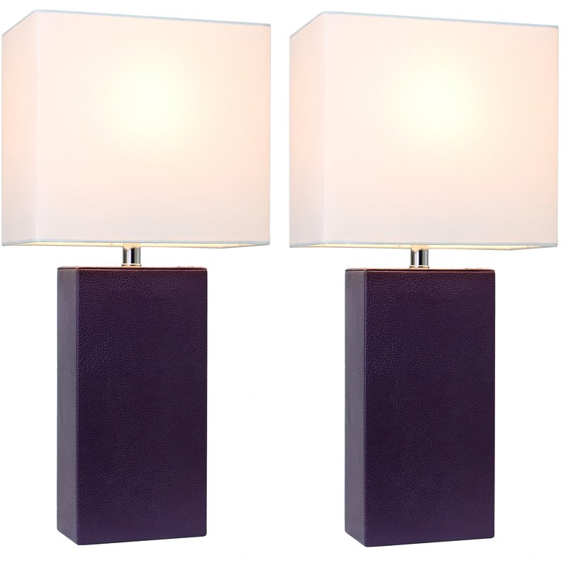 Elegant Designs Leather Table Lamp 2 Pack in Eggplant with White Shade