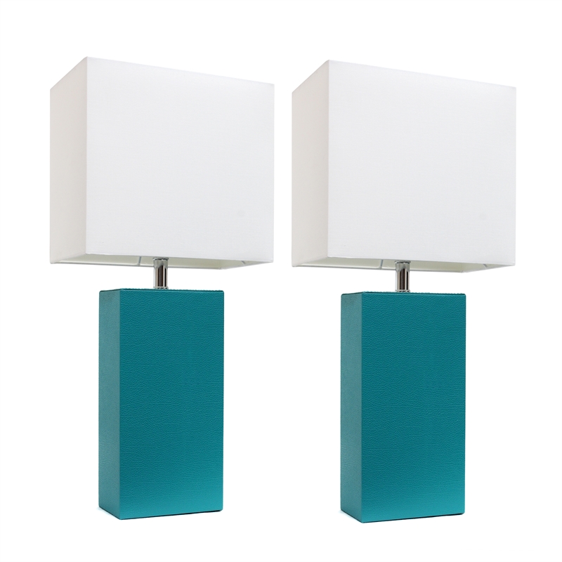 Elegant Designs Leather Table Lamp 2 Pack in Teal Green with White Shade