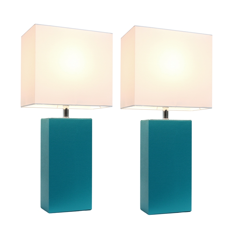Elegant Designs Leather Table Lamp 2 Pack in Teal Green with White Shade