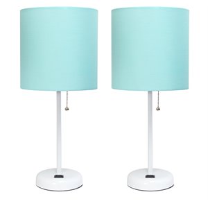 limelights metal stick lamp 2 pack w/ power outlet in white with aqua blue shade