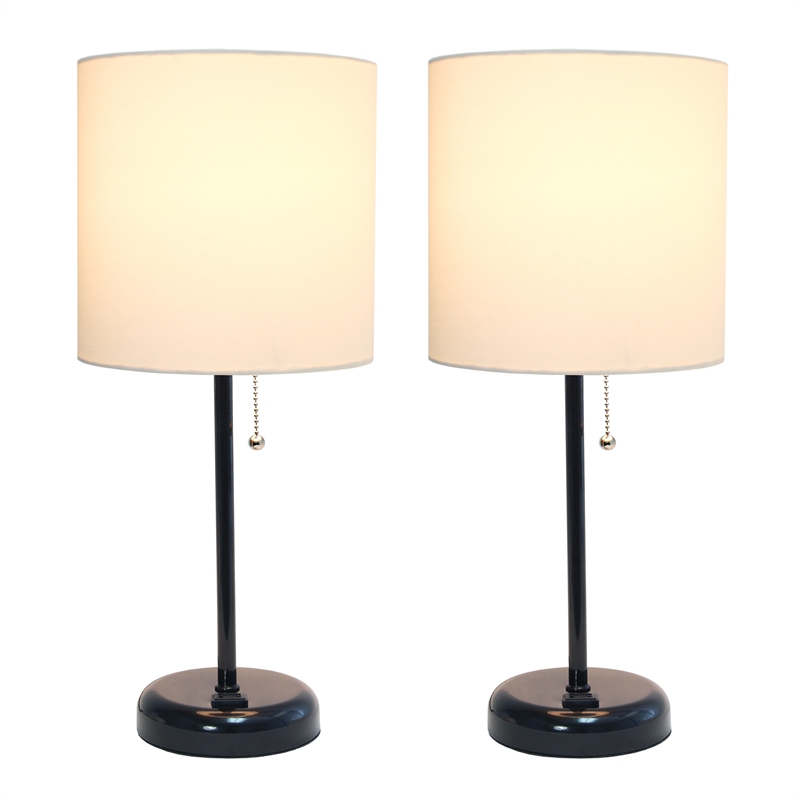 LimeLights Metal Stick Lamp 2 Pack w/ Power Outlet in Black with White Shade