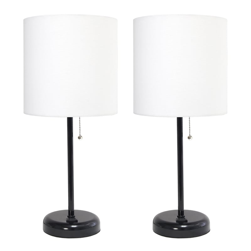LimeLights Metal Stick Lamp 2 Pack w/ Power Outlet in Black with White Shade