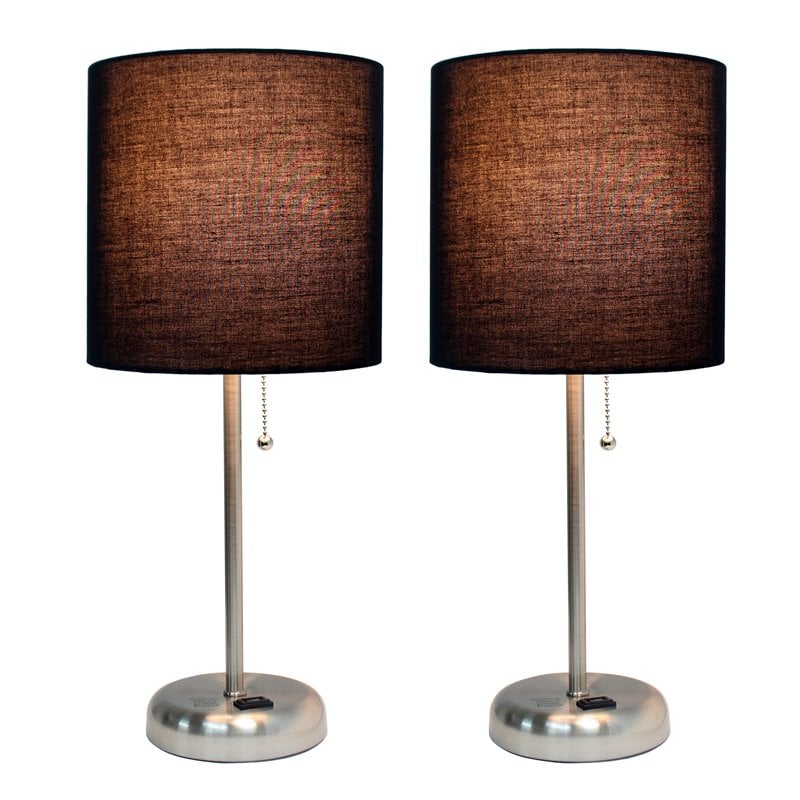 LimeLights Silver Metal Stick Lamp 2 Pack w/ Power Outlet with Black Shade