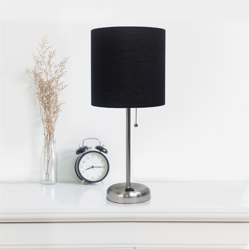 LimeLights Silver Metal Stick Lamp 2 Pack w/ Power Outlet with Black Shade