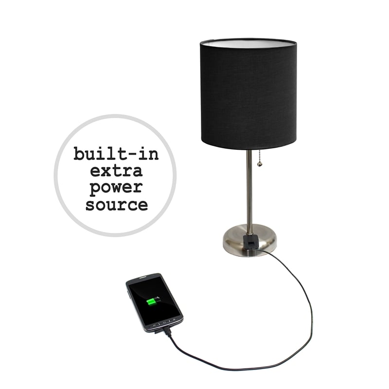 LimeLights Silver Metal Stick Lamp 2 Pack w/ Power Outlet with Black Shade
