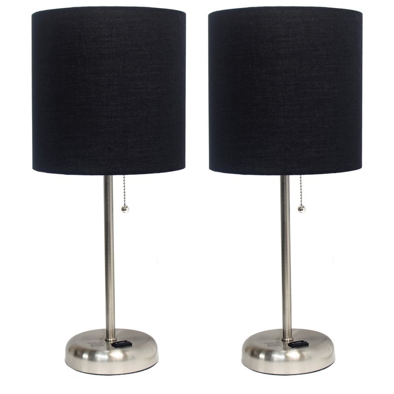 LimeLights Silver Metal Stick Lamp 2 Pack w/ Power Outlet with Black Shade