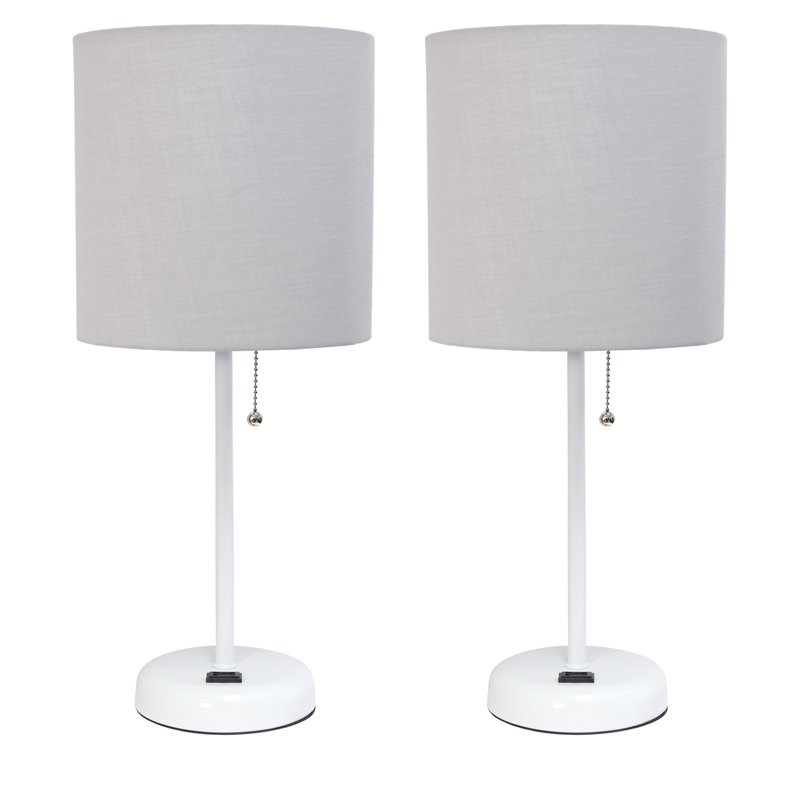 LimeLights Metal Stick Lamp 2 Pack w/ Power Outlet in White with Gray Shade