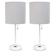LimeLights Metal Stick Lamp 2 Pack w/ Power Outlet in White with Gray Shade