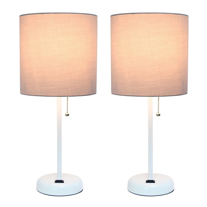 LimeLights Metal Stick Lamp 2 Pack w/ Power Outlet in White with Gray Shade