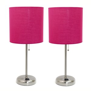limelights silver metal stick lamp 2 pack w/ power outlet with pink shade