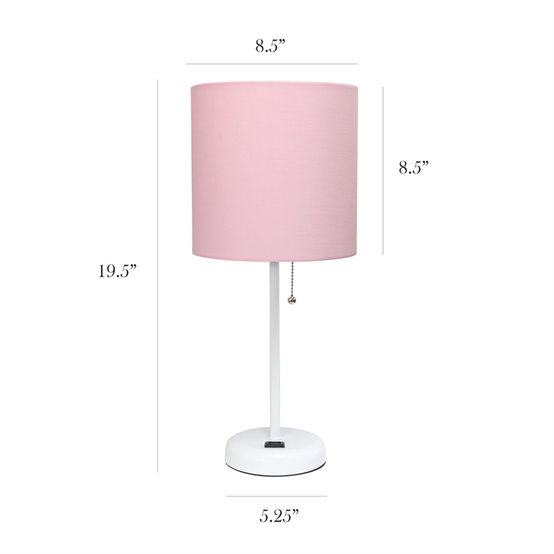 LimeLights Metal Stick Lamp 2 Pack w/ Power Outlet in White with Pink Shade