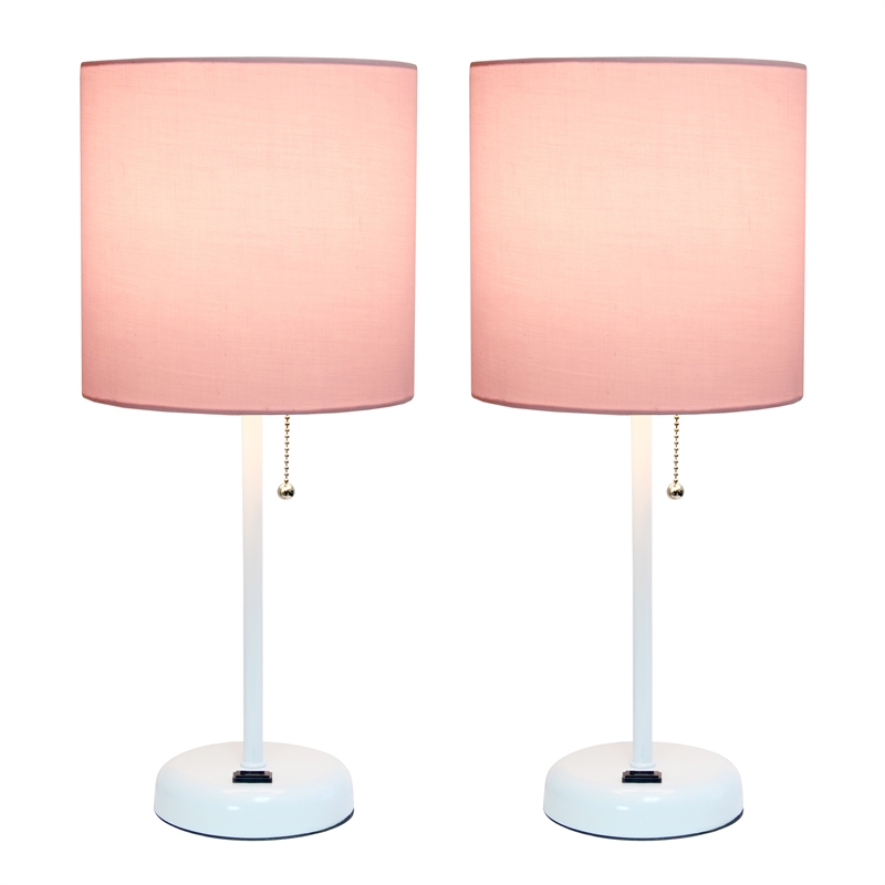 LimeLights Metal Stick Lamp 2 Pack w/ Power Outlet in White with Pink Shade