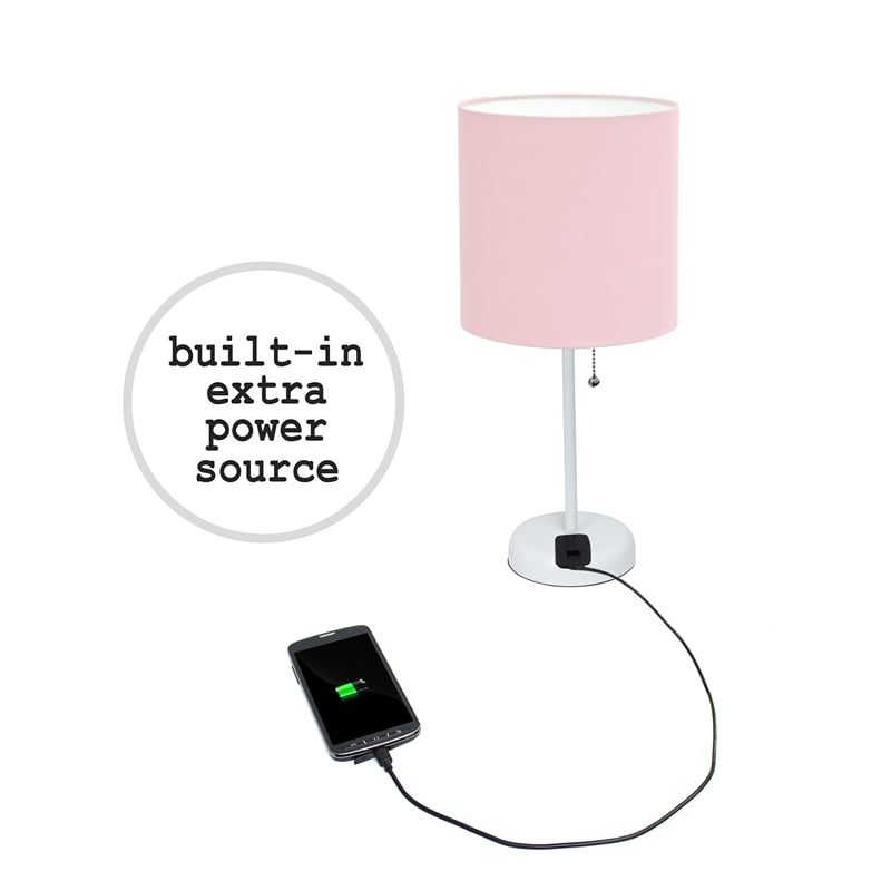 LimeLights Metal Stick Lamp 2 Pack w/ Power Outlet in White with Pink Shade