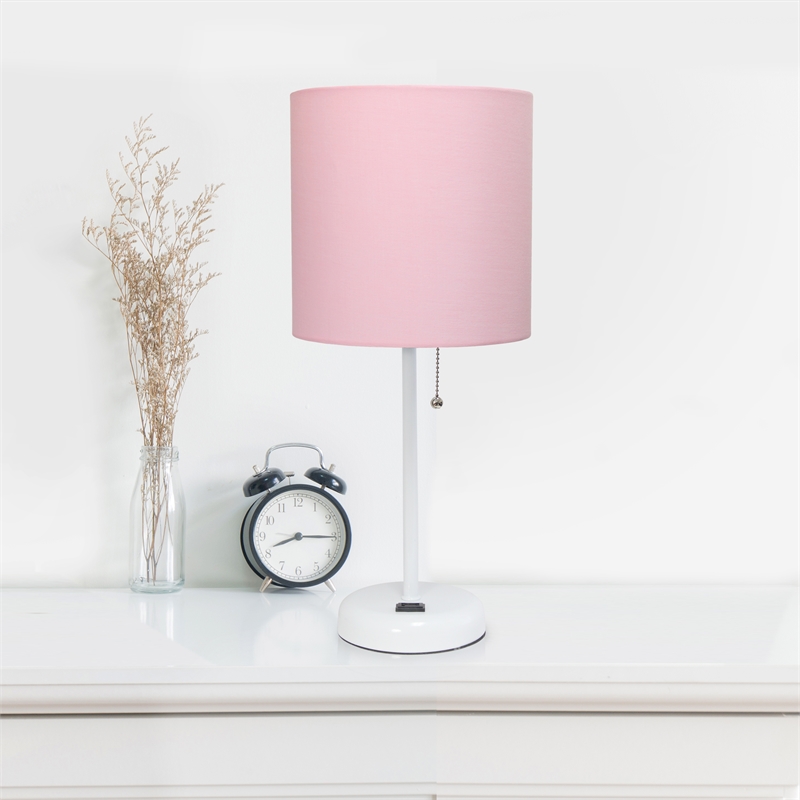 LimeLights Metal Stick Lamp 2 Pack w/ Power Outlet in White with Pink Shade