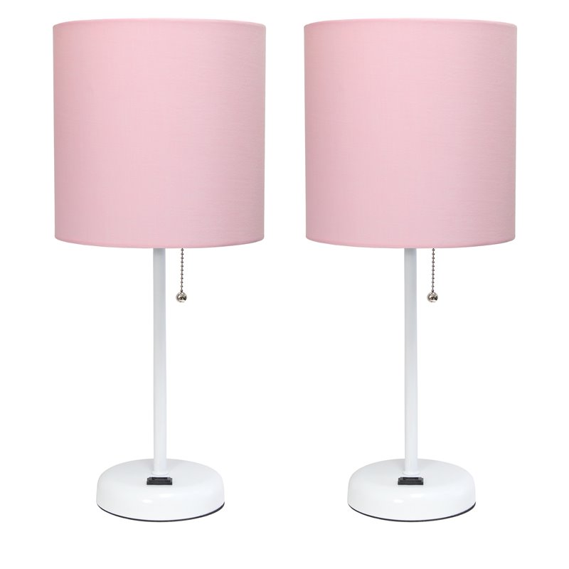 LimeLights Metal Stick Lamp 2 Pack w/ Power Outlet in White with Pink Shade