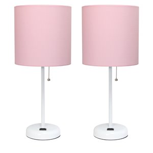 limelights metal stick lamp 2 pack w/ power outlet in white with pink shade