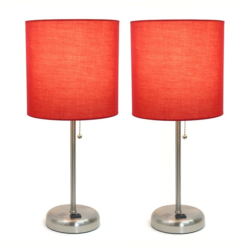 LimeLights Silver Metal Stick Lamp 2 Pack w/ Power Outlet with Red Shade
