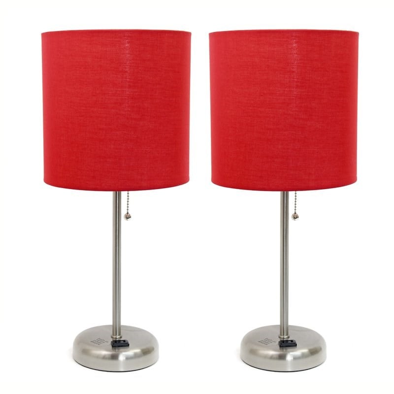 LimeLights Silver Metal Stick Lamp 2 Pack w/ Power Outlet with Red Shade
