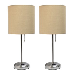 limelights silver metal stick lamp 2 pack w/ power outlet with tan shade