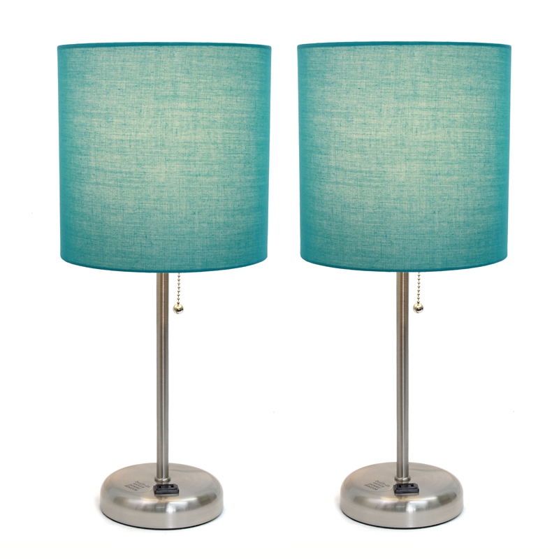 LimeLights Silver Metal Stick Lamp 2 Pack w/ Power Outlet with Teal Shade