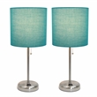 LimeLights Silver Metal Stick Lamp 2 Pack w/ Power Outlet with Teal Shade