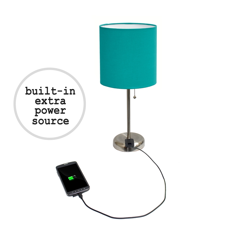 LimeLights Silver Metal Stick Lamp 2 Pack w/ Power Outlet with Teal Shade