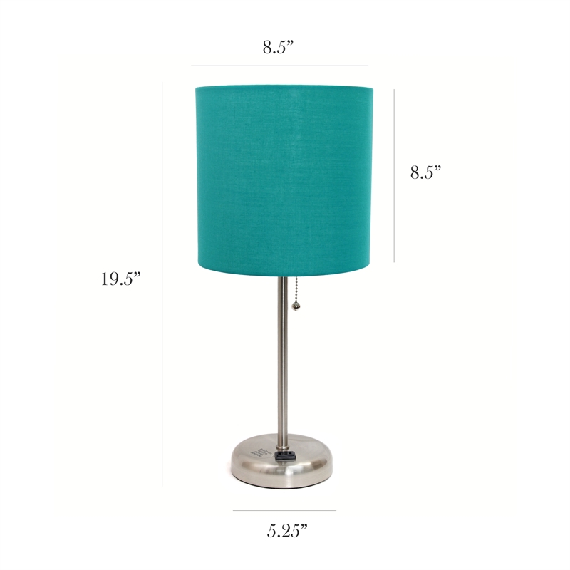 LimeLights Silver Metal Stick Lamp 2 Pack w/ Power Outlet with Teal Shade