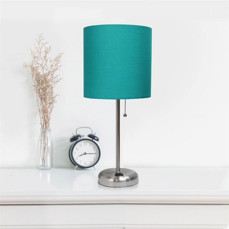 LimeLights Silver Metal Stick Lamp 2 Pack w/ Power Outlet with Teal Shade