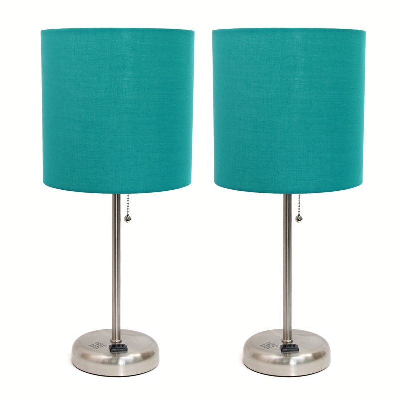 LimeLights Silver Metal Stick Lamp 2 Pack w/ Power Outlet with Teal Shade