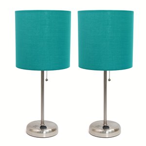 limelights silver metal stick lamp 2 pack w/ power outlet with teal shade