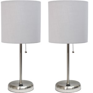 limelights silver metal stick lamp w/ usb port 2 pack with gray shade