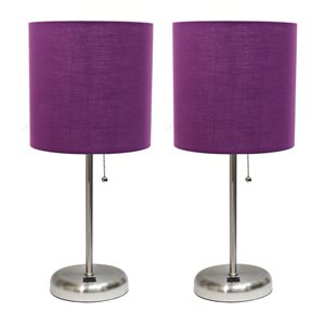 limelights silver metal stick lamp w/ usb port 2 pack with purple shade