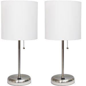 limelights silver metal stick lamp w/ usb port 2 pack with white shade
