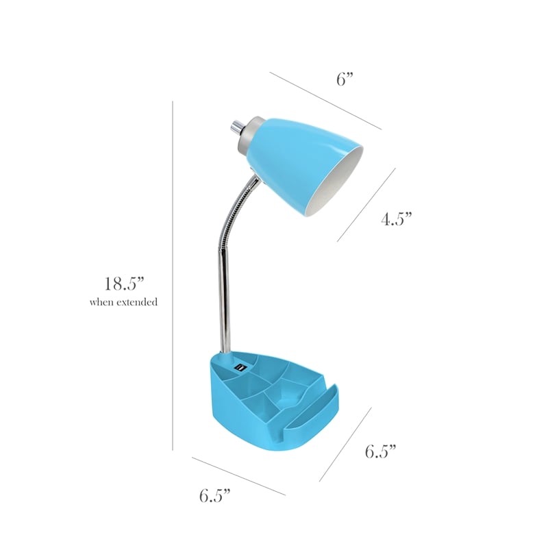 LimeLights Gooseneck Organizer Desk Lamp w/ USB Port with Blue Shade