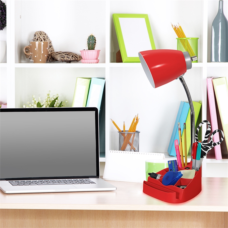 LimeLights Gooseneck Organizer Desk Lamp w/ USB Port with Red Shade