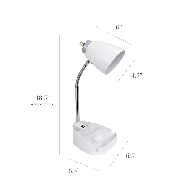 LimeLights Gooseneck Organizer Desk Lamp w/ USB Port with White Shade