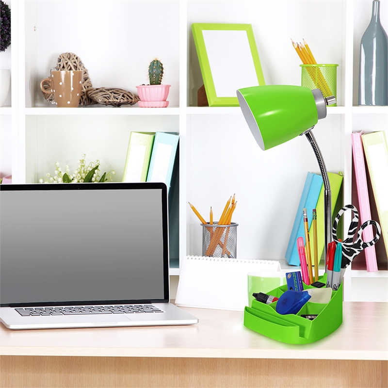 LimeLights Gooseneck Organizer Desk Lamp w/ Power Outlet with Green Shade