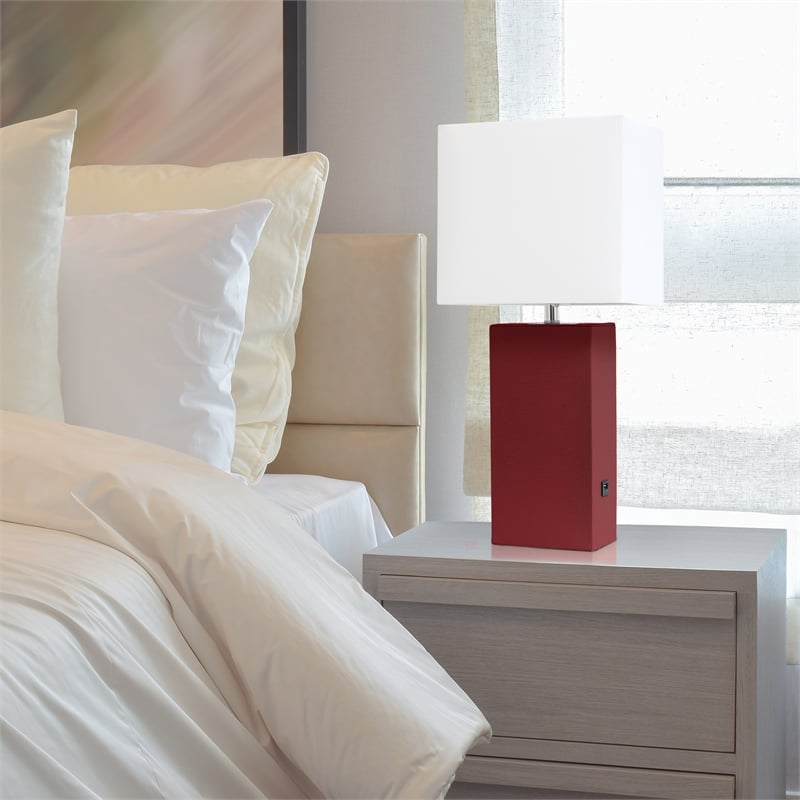Elegant Designs Leather Table Lamp w/ USB Port in Red with White Shade