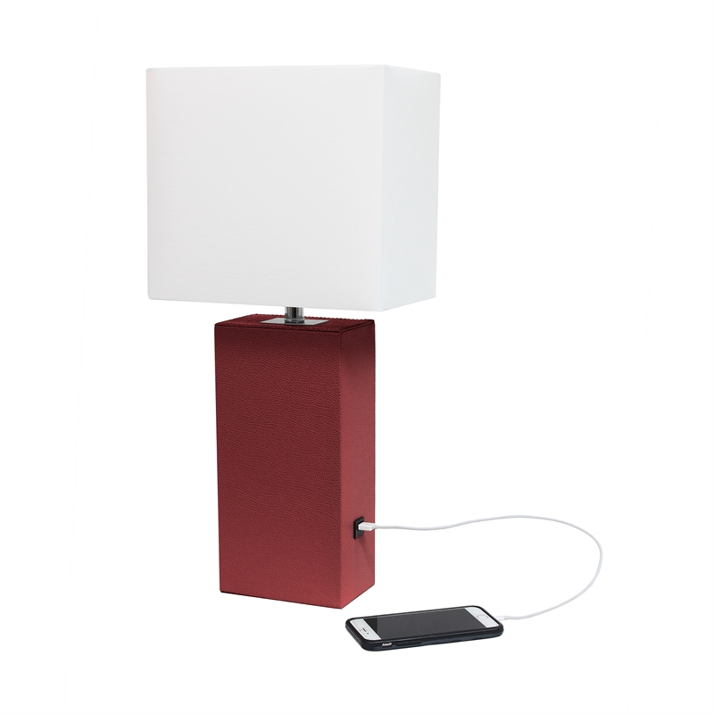 Elegant Designs Leather Table Lamp w/ USB Port in Red with White Shade