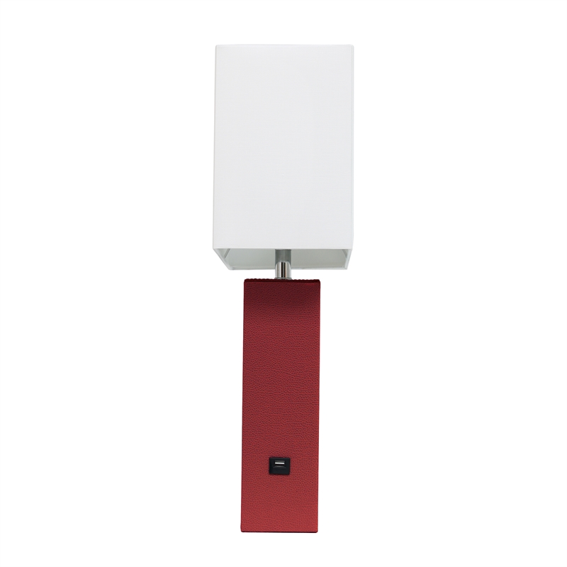 Elegant Designs Leather Table Lamp w/ USB Port in Red with White Shade