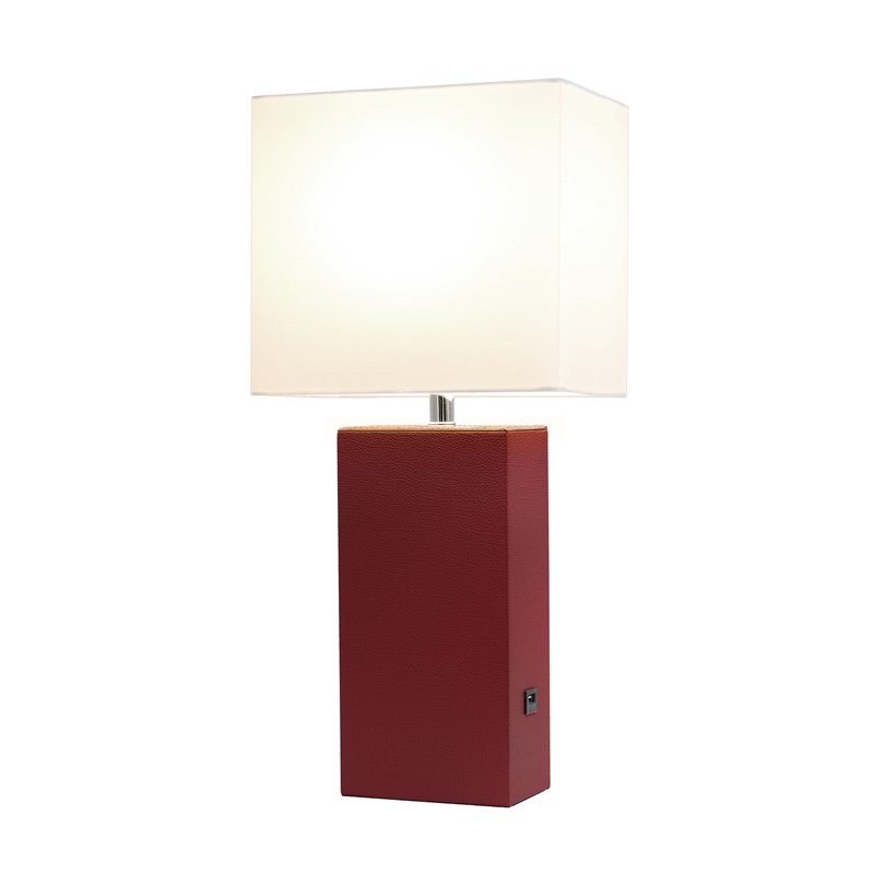 Elegant Designs Leather Table Lamp w/ USB Port in Red with White Shade