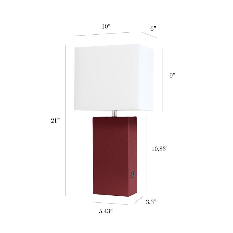 Elegant Designs Leather Table Lamp w/ USB Port in Red with White Shade