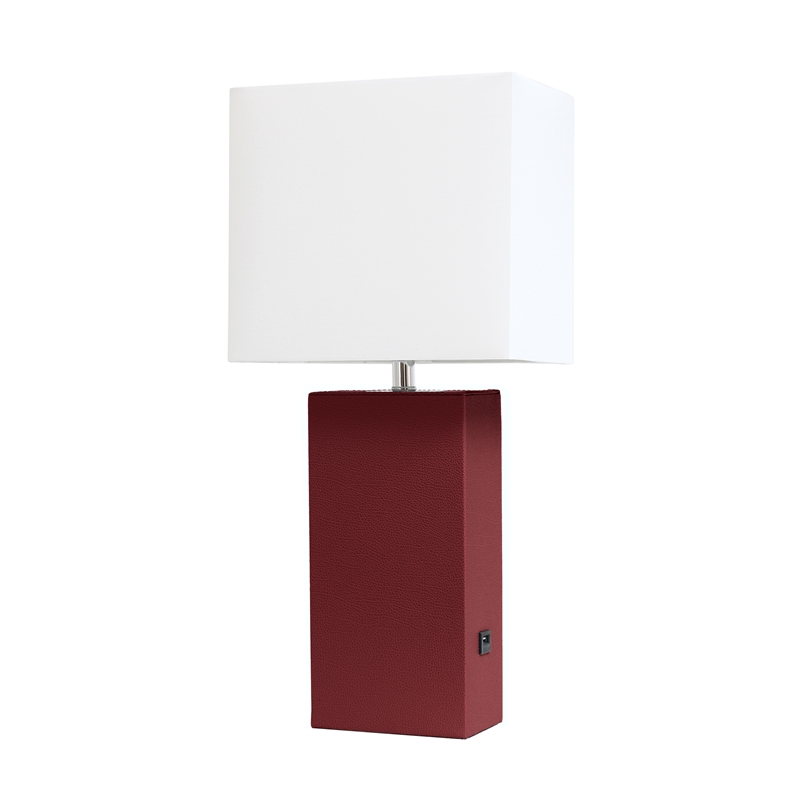Elegant Designs Leather Table Lamp w/ USB Port in Red with White Shade